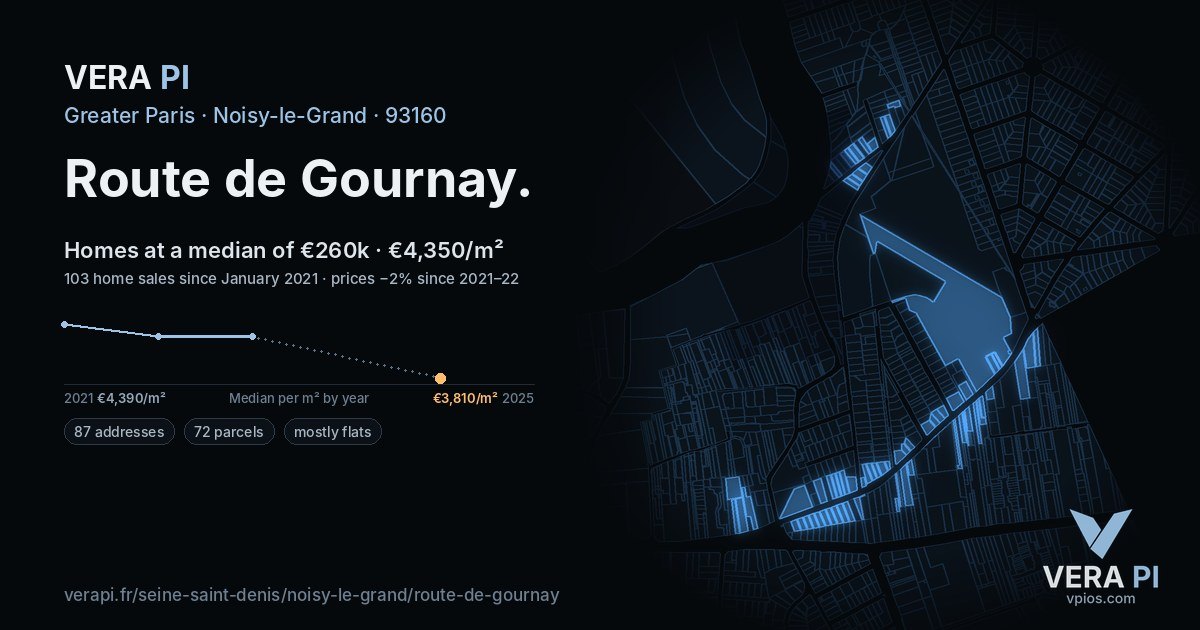 Route de Gournay, Noisy-le-Grand at night – every parcel coloured by the prices around it, the street's own parcels lit