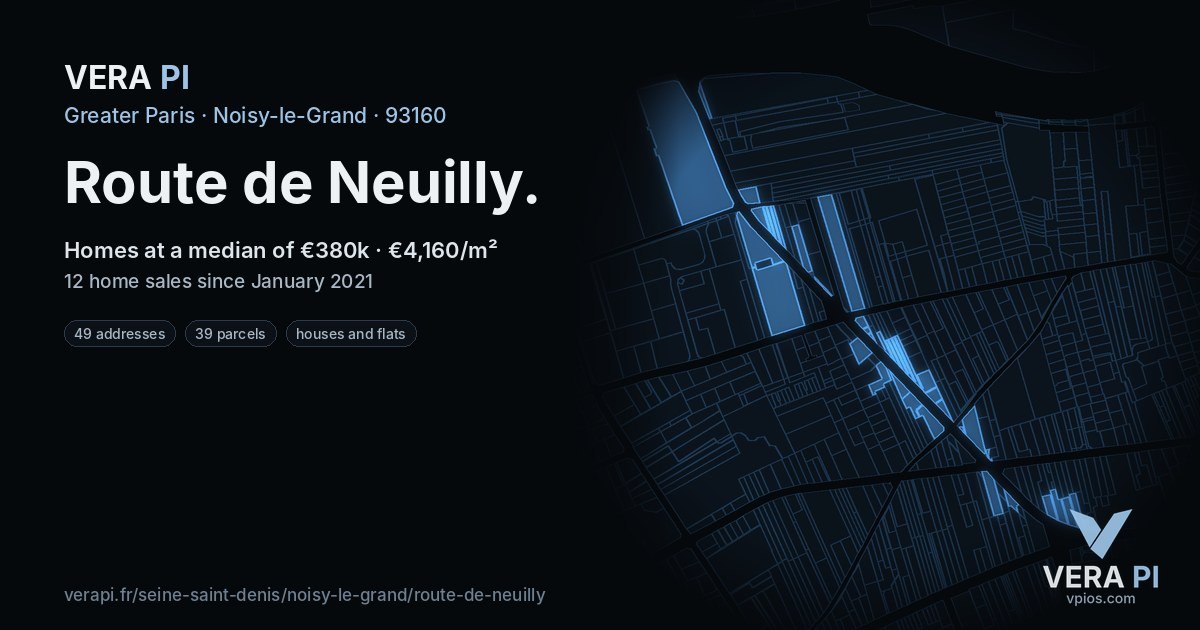 Route de Neuilly, Noisy-le-Grand at night – every parcel coloured by the prices around it, the street's own parcels lit