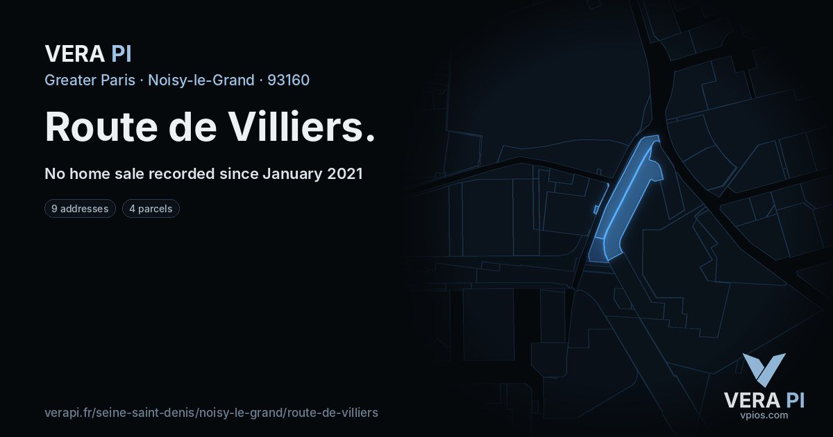 Route de Villiers, Noisy-le-Grand at night – every parcel coloured by the prices around it, the street's own parcels lit