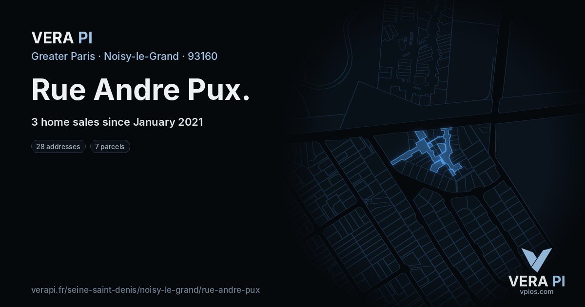 Rue Andre Pux, Noisy-le-Grand at night – every parcel coloured by the prices around it, the street's own parcels lit