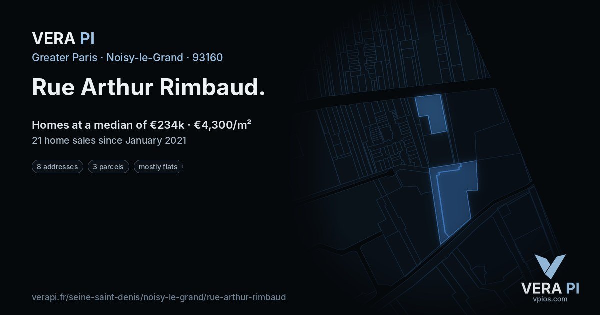Rue Arthur Rimbaud, Noisy-le-Grand at night – every parcel coloured by the prices around it, the street's own parcels lit