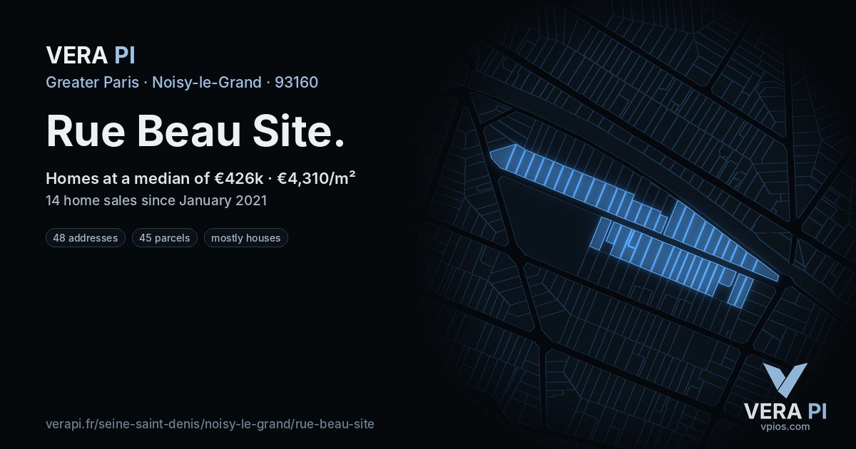 Rue Beau Site, Noisy-le-Grand at night – every parcel coloured by the prices around it, the street's own parcels lit