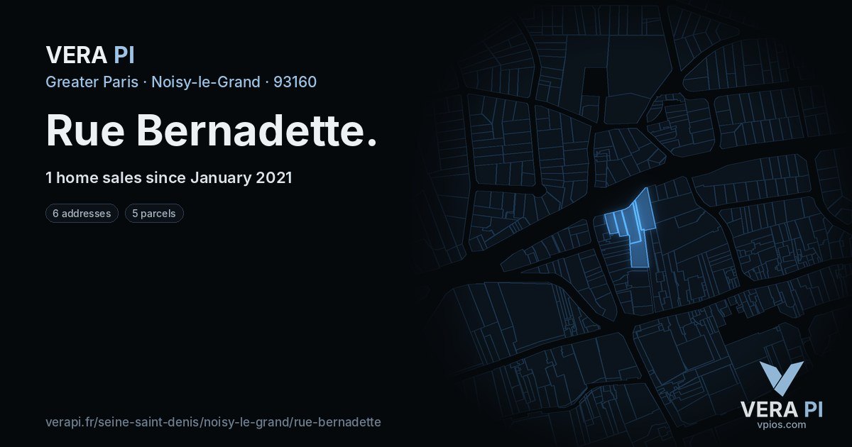 Rue Bernadette, Noisy-le-Grand at night – every parcel coloured by the prices around it, the street's own parcels lit