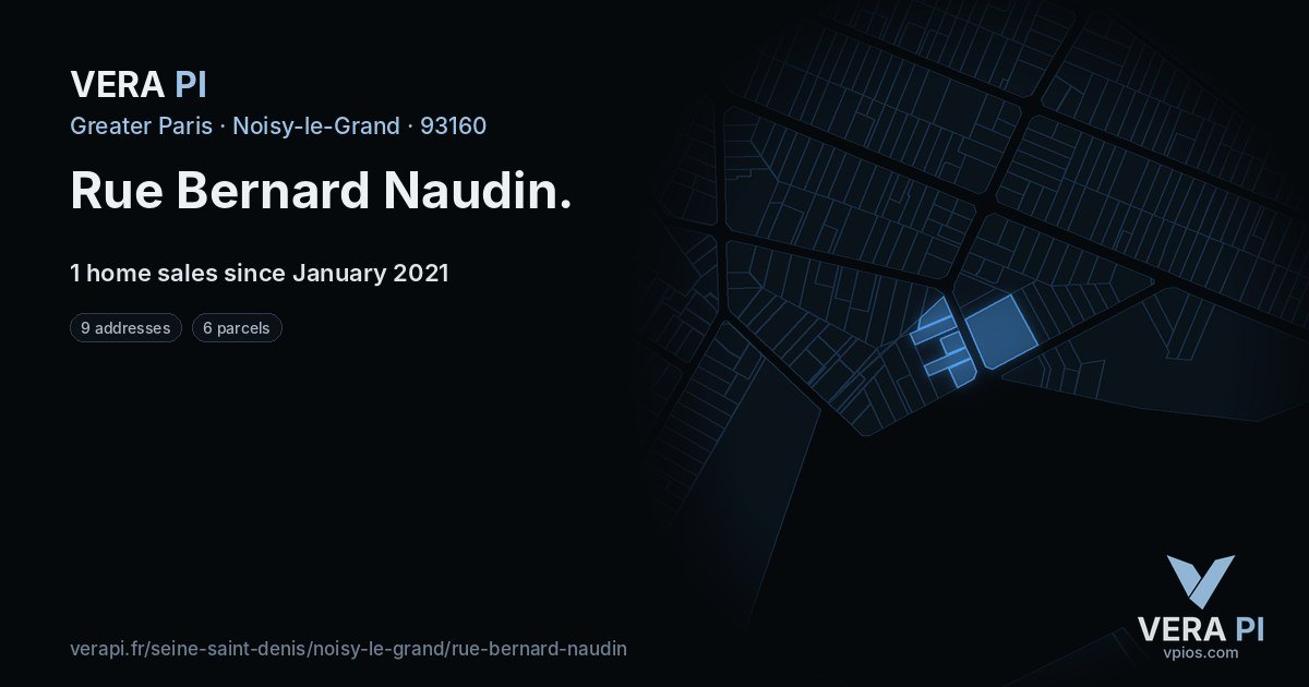 Rue Bernard Naudin, Noisy-le-Grand at night – every parcel coloured by the prices around it, the street's own parcels lit