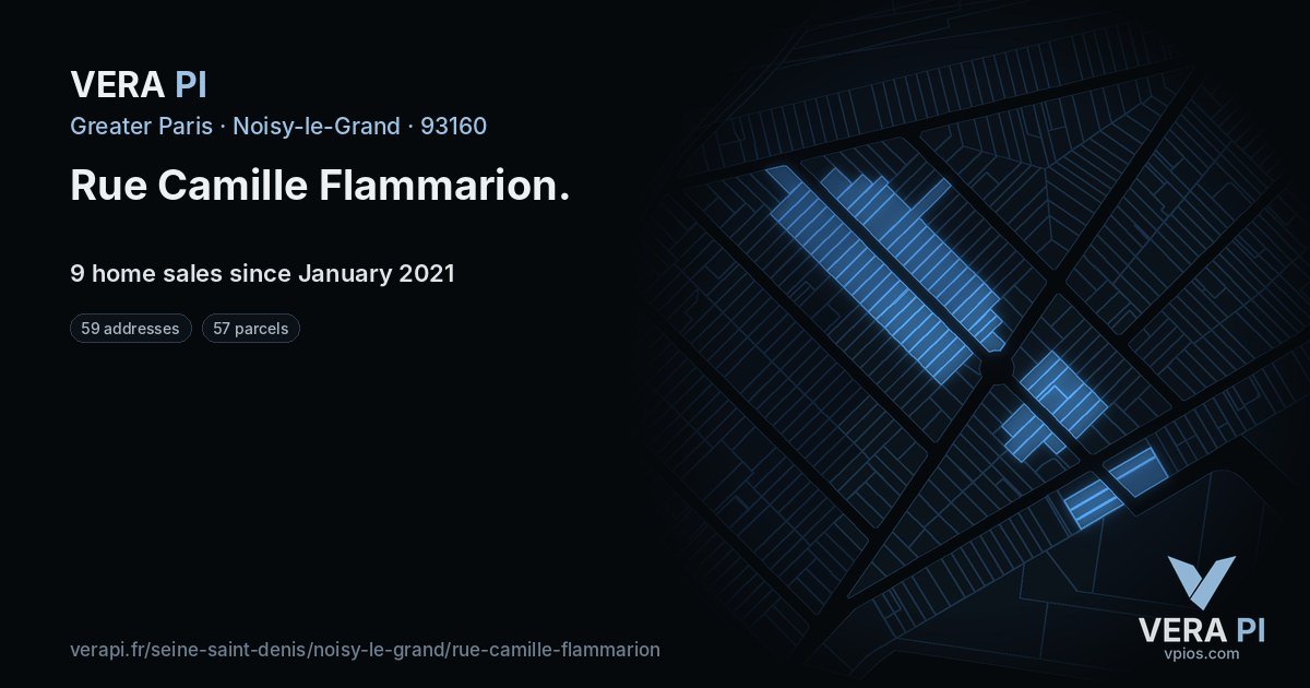 Rue Camille Flammarion, Noisy-le-Grand at night – every parcel coloured by the prices around it, the street's own parcels lit