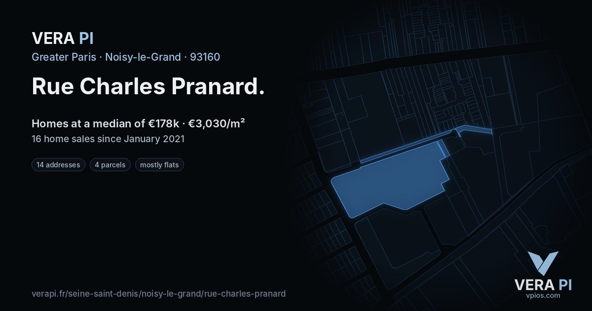 Rue Charles Pranard, Noisy-le-Grand at night – every parcel coloured by the prices around it, the street's own parcels lit