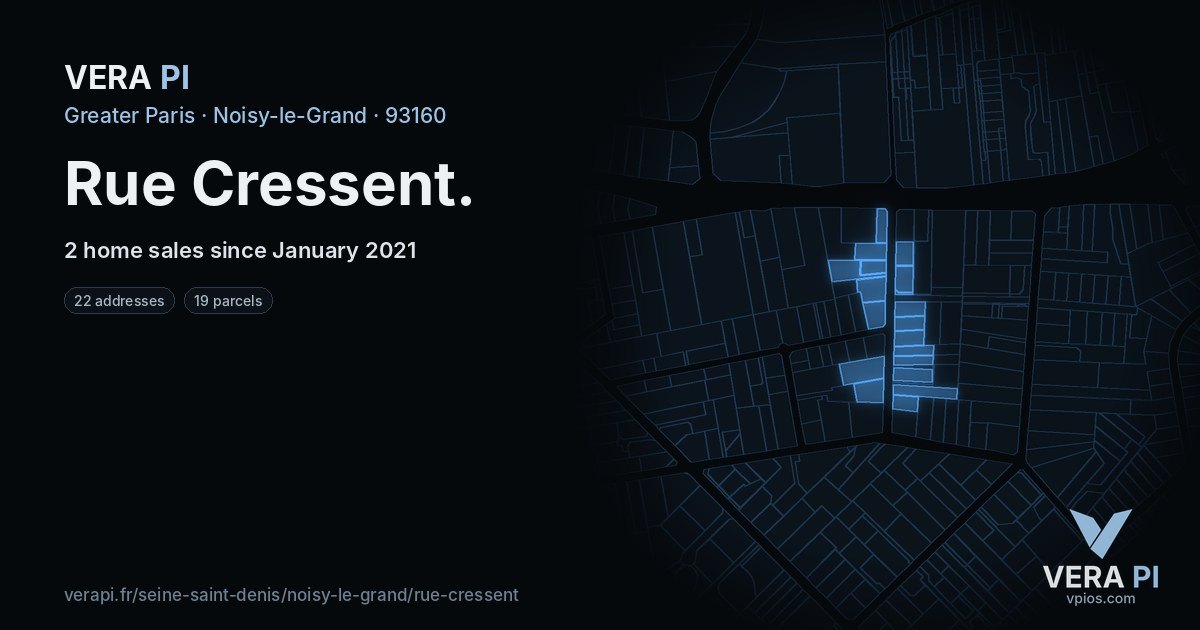 Rue Cressent, Noisy-le-Grand at night – every parcel coloured by the prices around it, the street's own parcels lit
