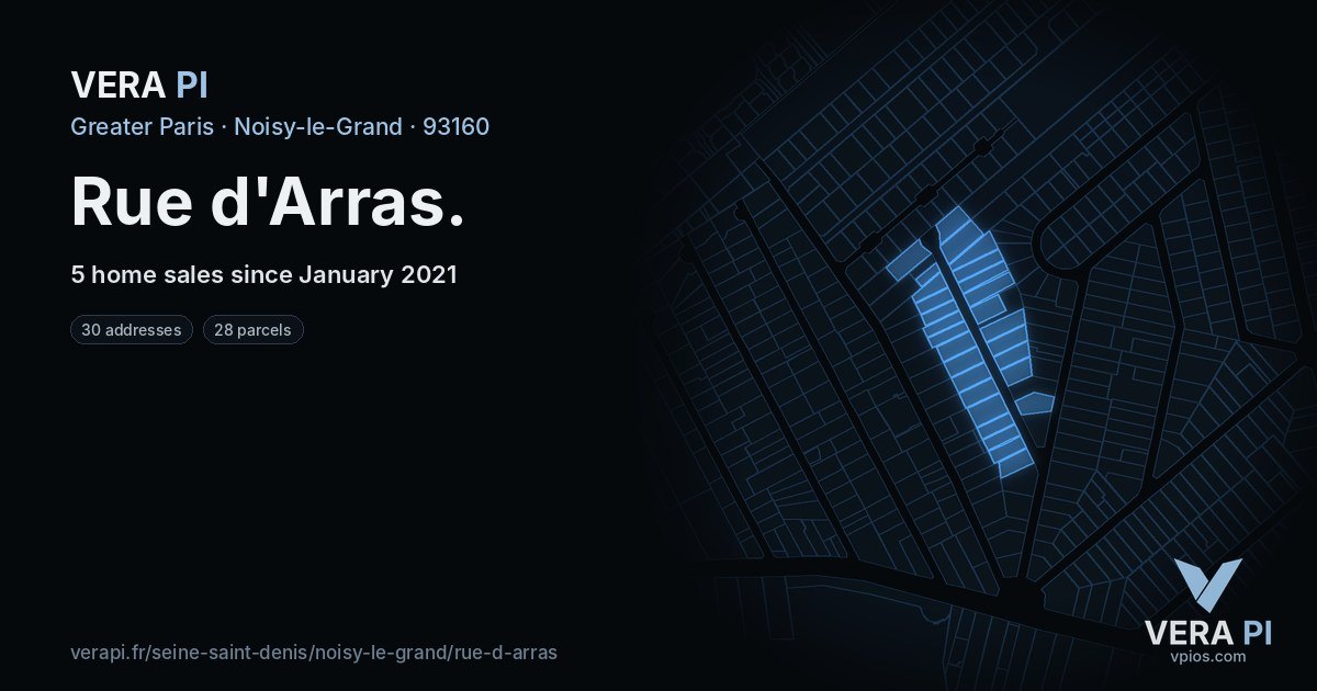 Rue d'Arras, Noisy-le-Grand at night – every parcel coloured by the prices around it, the street's own parcels lit