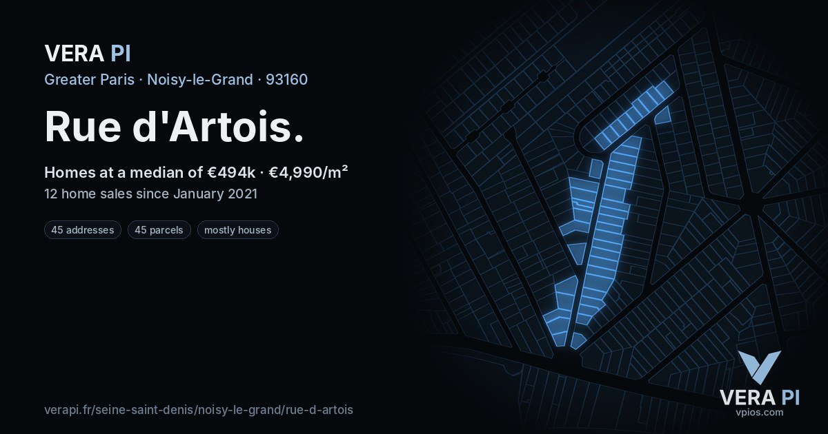 Rue d'Artois, Noisy-le-Grand at night – every parcel coloured by the prices around it, the street's own parcels lit