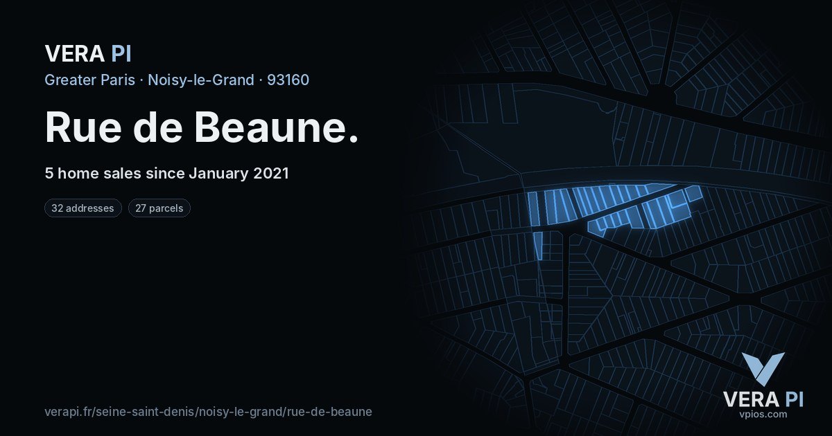 Rue de Beaune, Noisy-le-Grand at night – every parcel coloured by the prices around it, the street's own parcels lit
