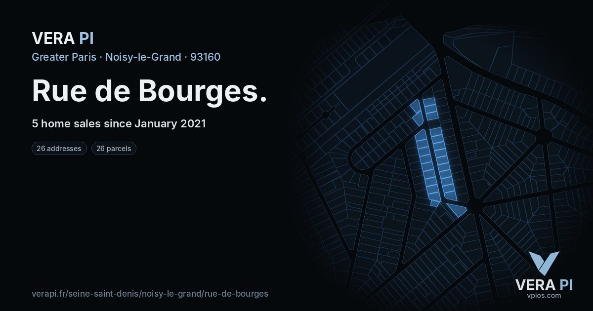 Rue de Bourges, Noisy-le-Grand at night – every parcel coloured by the prices around it, the street's own parcels lit