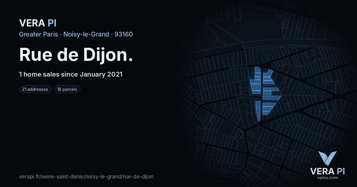 Rue de Dijon, Noisy-le-Grand at night – every parcel coloured by the prices around it, the street's own parcels lit
