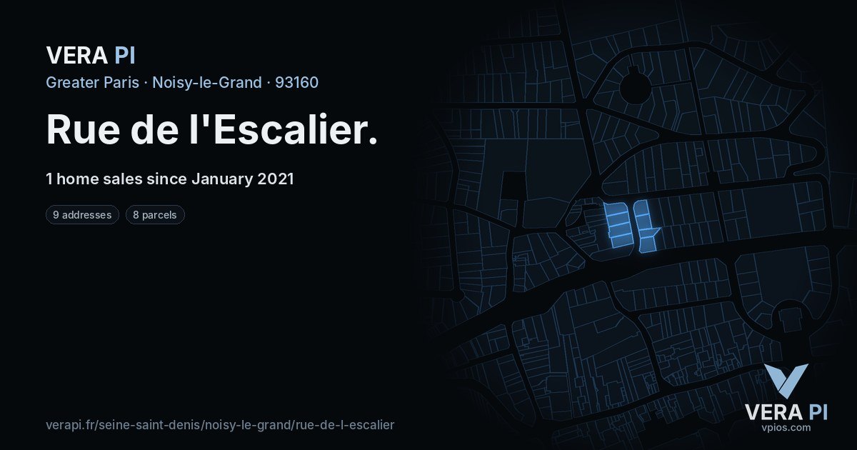 Rue de l'Escalier, Noisy-le-Grand at night – every parcel coloured by the prices around it, the street's own parcels lit