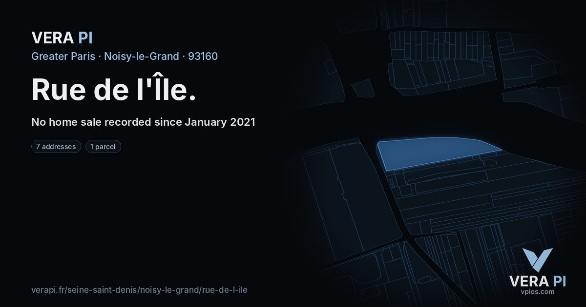 Rue de l'Île, Noisy-le-Grand at night – every parcel coloured by the prices around it, the street's own parcels lit