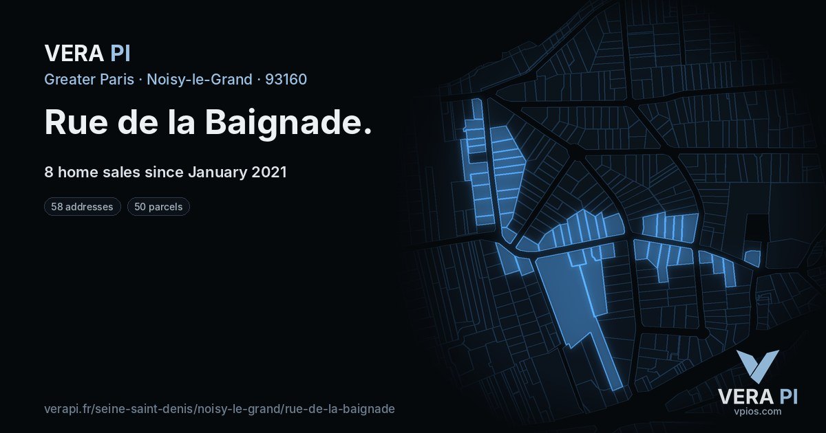 Rue de la Baignade, Noisy-le-Grand at night – every parcel coloured by the prices around it, the street's own parcels lit