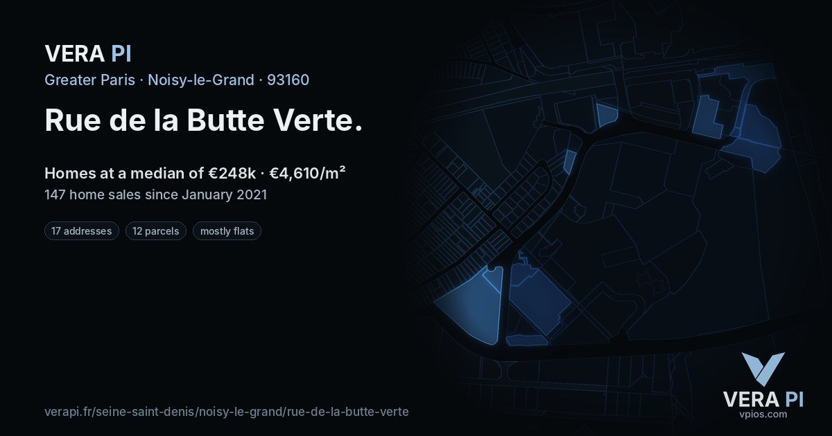 Rue de la Butte Verte, Noisy-le-Grand at night – every parcel coloured by the prices around it, the street's own parcels lit