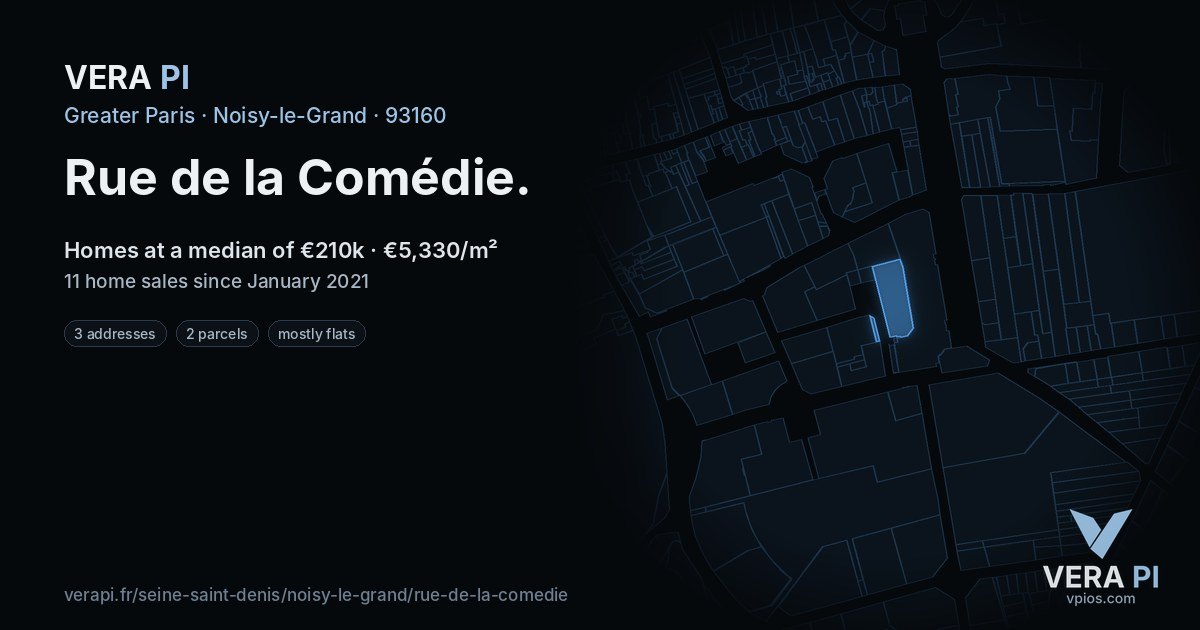 Rue de la Comédie, Noisy-le-Grand at night – every parcel coloured by the prices around it, the street's own parcels lit