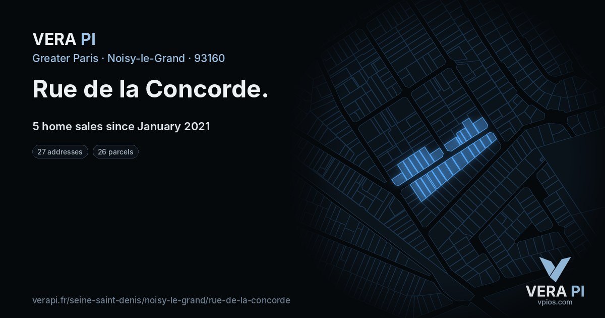 Rue de la Concorde, Noisy-le-Grand at night – every parcel coloured by the prices around it, the street's own parcels lit