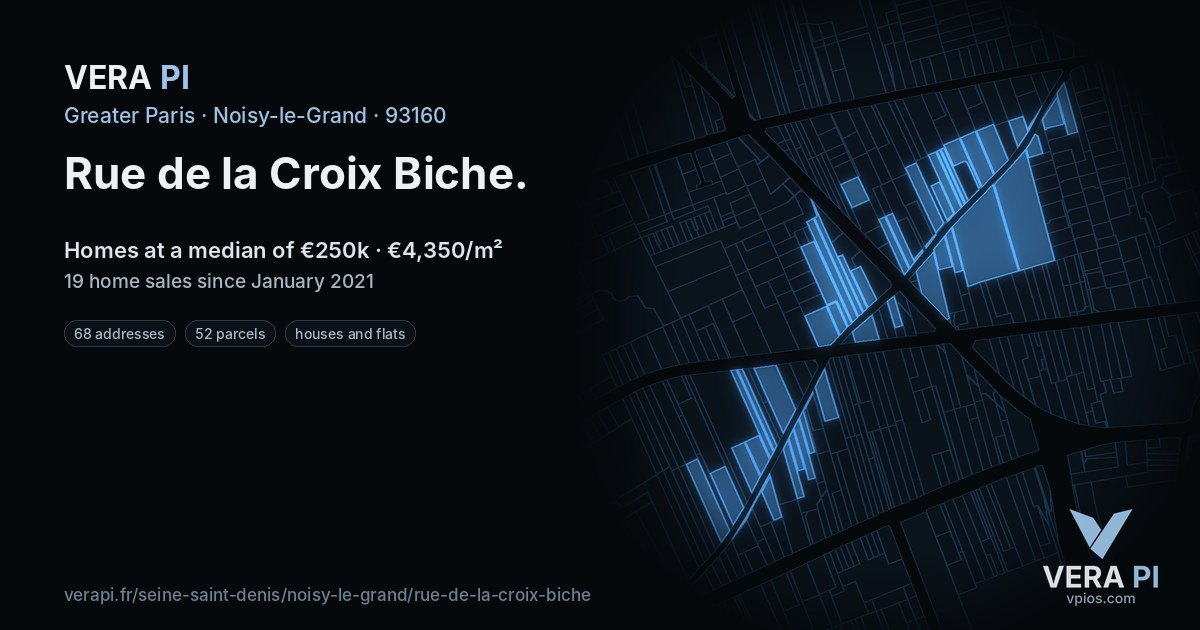 Rue de la Croix Biche, Noisy-le-Grand at night – every parcel coloured by the prices around it, the street's own parcels lit