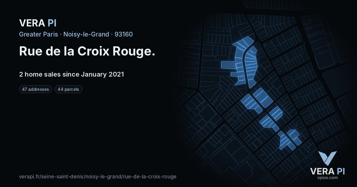 Rue de la Croix Rouge, Noisy-le-Grand at night – every parcel coloured by the prices around it, the street's own parcels lit
