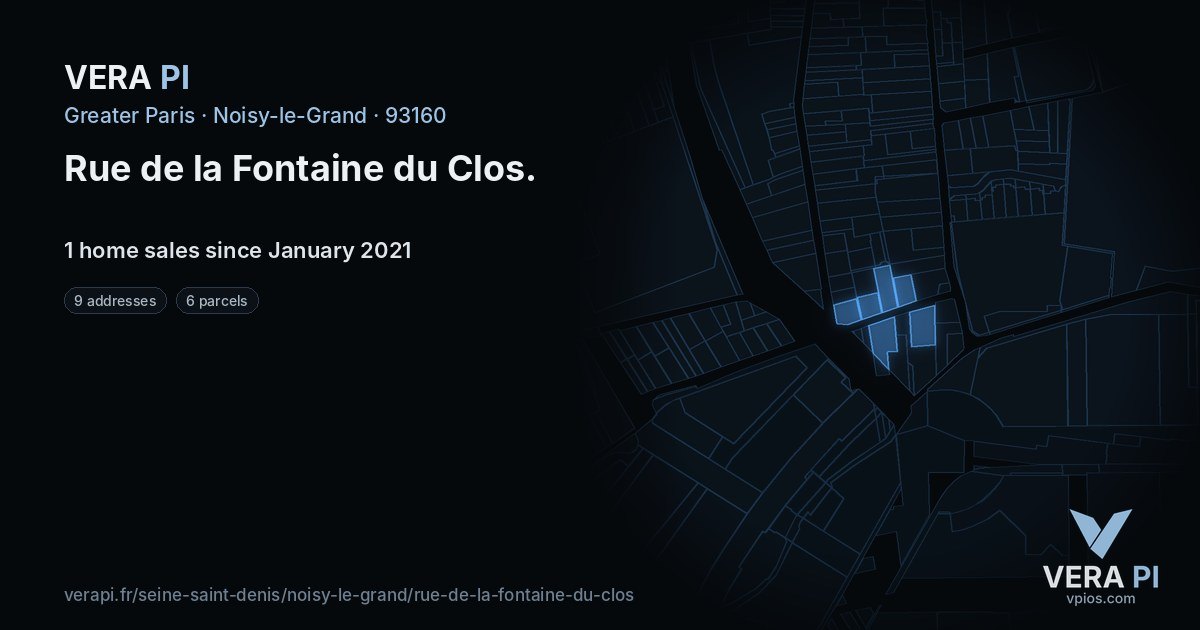 Rue de la Fontaine du Clos, Noisy-le-Grand at night – every parcel coloured by the prices around it, the street's own parcels lit