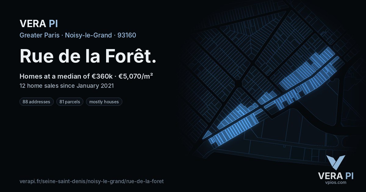 Rue de la Forêt, Noisy-le-Grand at night – every parcel coloured by the prices around it, the street's own parcels lit