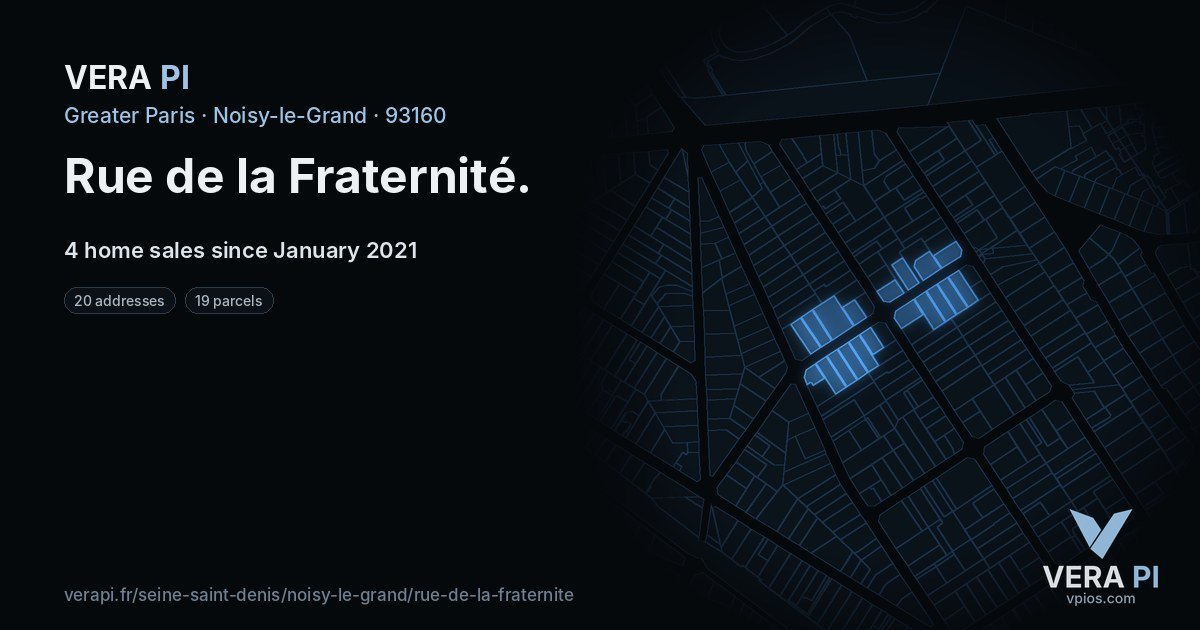 Rue de la Fraternité, Noisy-le-Grand at night – every parcel coloured by the prices around it, the street's own parcels lit