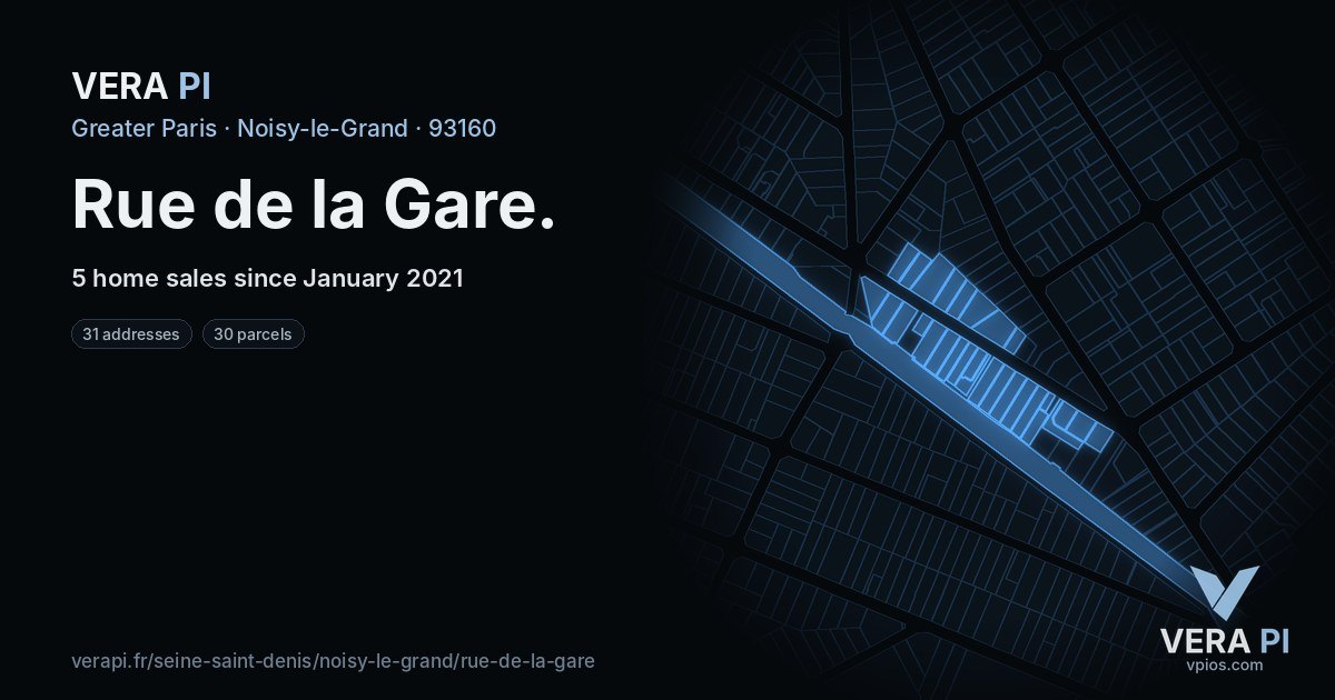 Rue de la Gare, Noisy-le-Grand at night – every parcel coloured by the prices around it, the street's own parcels lit