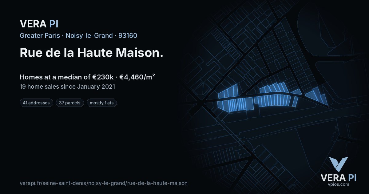 Rue de la Haute Maison, Noisy-le-Grand at night – every parcel coloured by the prices around it, the street's own parcels lit