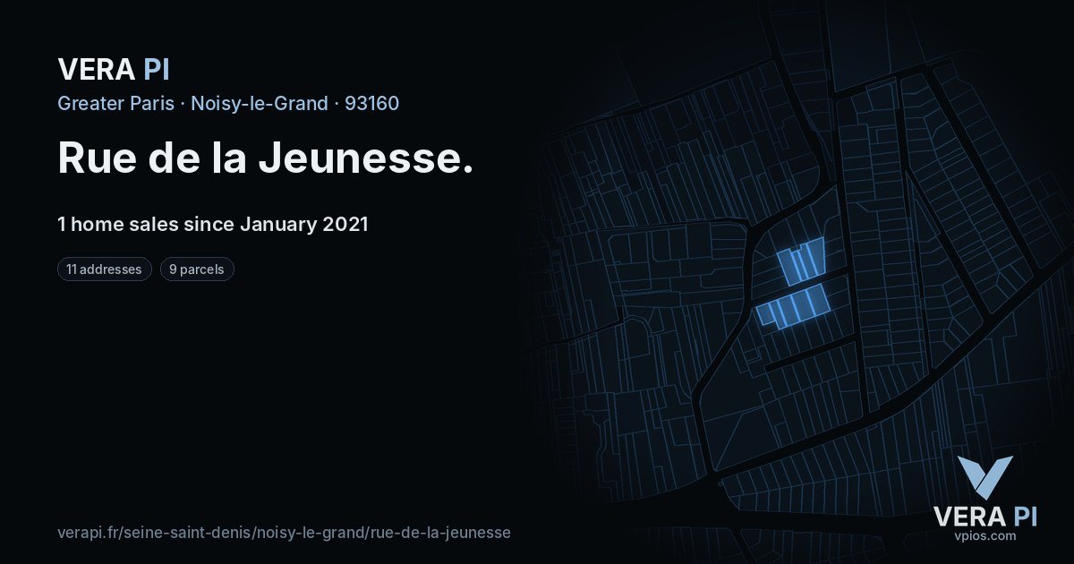 Rue de la Jeunesse, Noisy-le-Grand at night – every parcel coloured by the prices around it, the street's own parcels lit