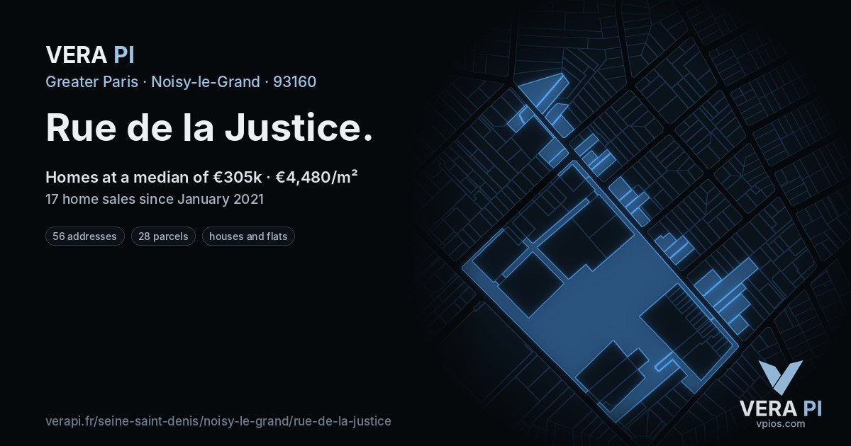 Rue de la Justice, Noisy-le-Grand at night – every parcel coloured by the prices around it, the street's own parcels lit