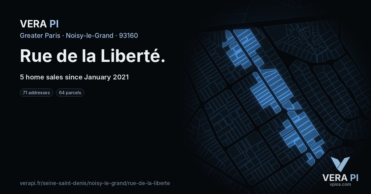 Rue de la Liberté, Noisy-le-Grand at night – every parcel coloured by the prices around it, the street's own parcels lit