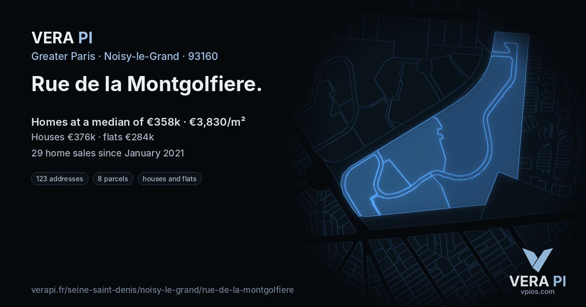 Rue de la Montgolfiere, Noisy-le-Grand at night – every parcel coloured by the prices around it, the street's own parcels lit