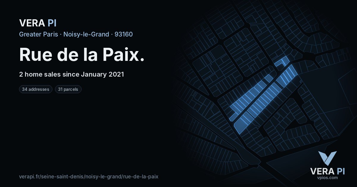 Rue de la Paix, Noisy-le-Grand at night – every parcel coloured by the prices around it, the street's own parcels lit