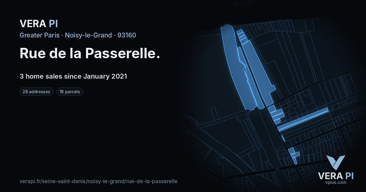 Rue de la Passerelle, Noisy-le-Grand at night – every parcel coloured by the prices around it, the street's own parcels lit