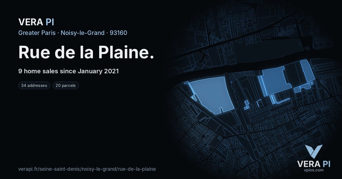 Rue de la Plaine, Noisy-le-Grand at night – every parcel coloured by the prices around it, the street's own parcels lit