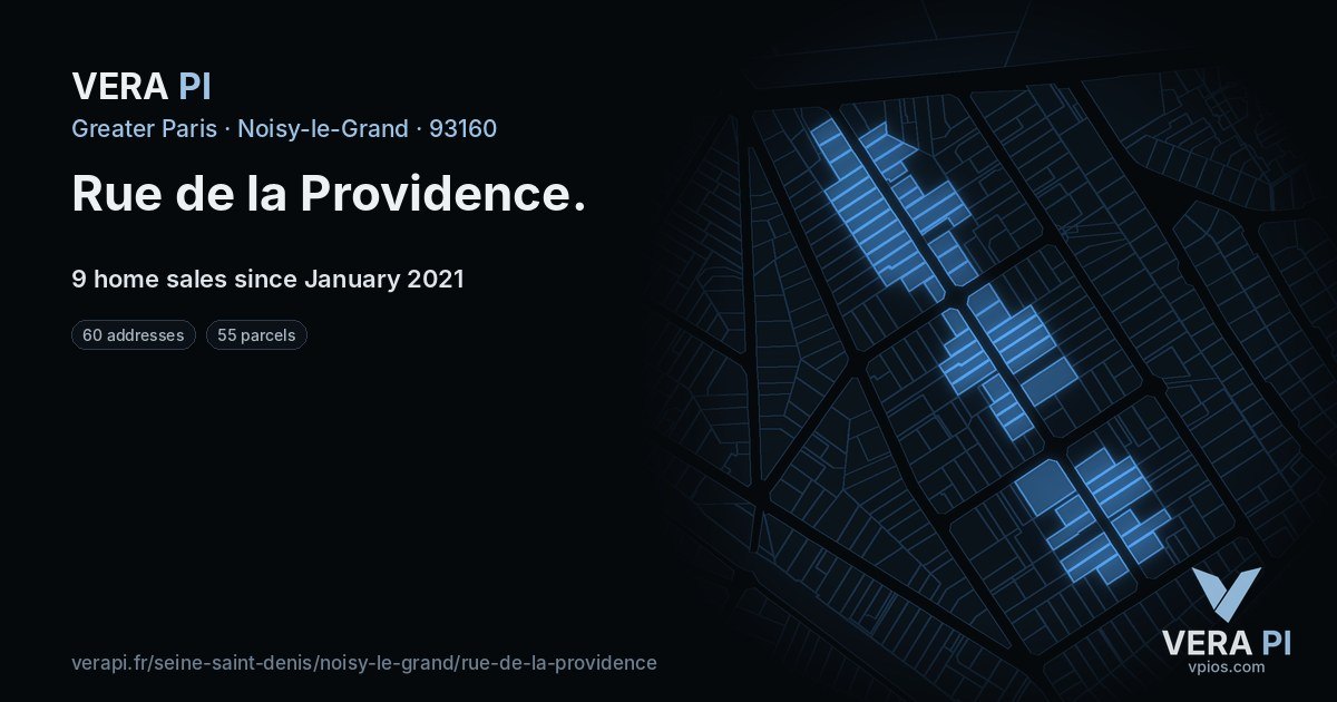 Rue de la Providence, Noisy-le-Grand at night – every parcel coloured by the prices around it, the street's own parcels lit