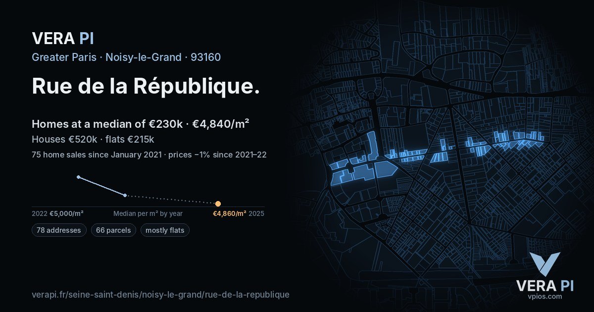 Rue de la République, Noisy-le-Grand at night – every parcel coloured by the prices around it, the street's own parcels lit