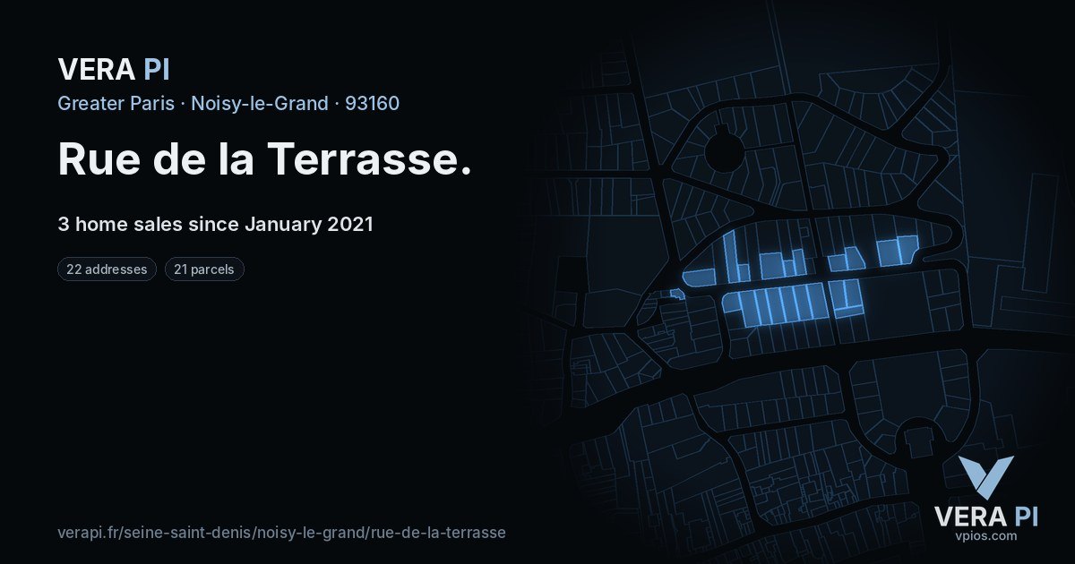 Rue de la Terrasse, Noisy-le-Grand at night – every parcel coloured by the prices around it, the street's own parcels lit