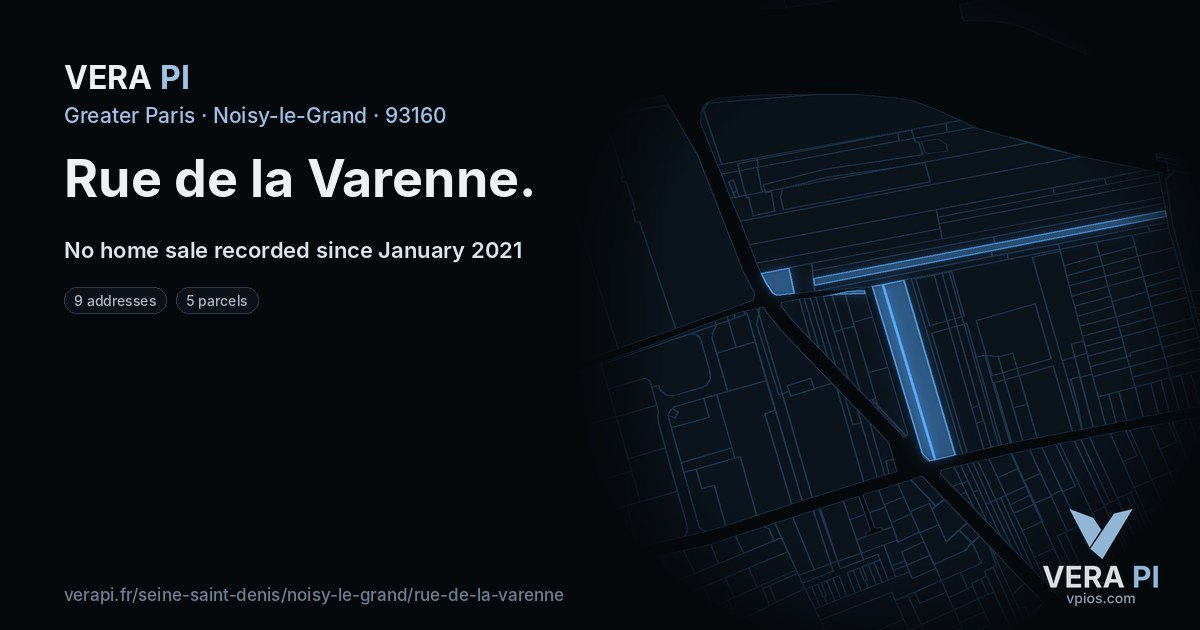 Rue de la Varenne, Noisy-le-Grand at night – every parcel coloured by the prices around it, the street's own parcels lit