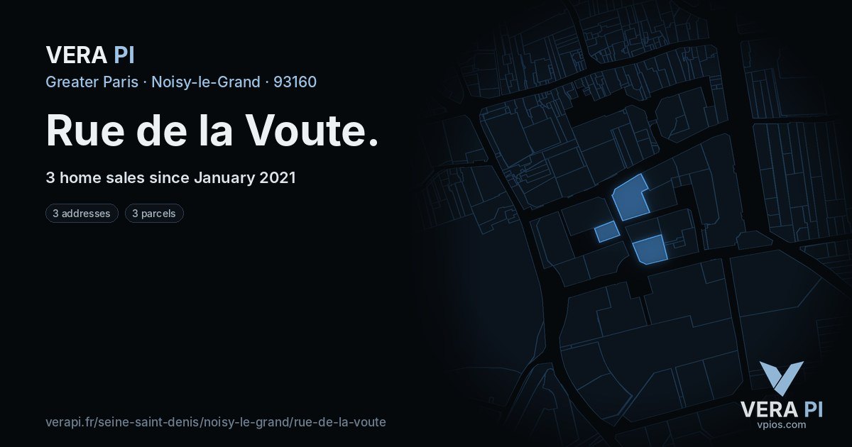 Rue de la Voute, Noisy-le-Grand at night – every parcel coloured by the prices around it, the street's own parcels lit