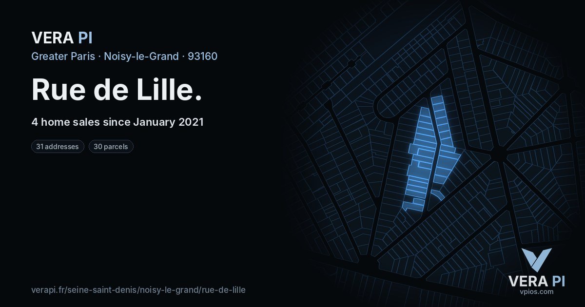 Rue de Lille, Noisy-le-Grand at night – every parcel coloured by the prices around it, the street's own parcels lit
