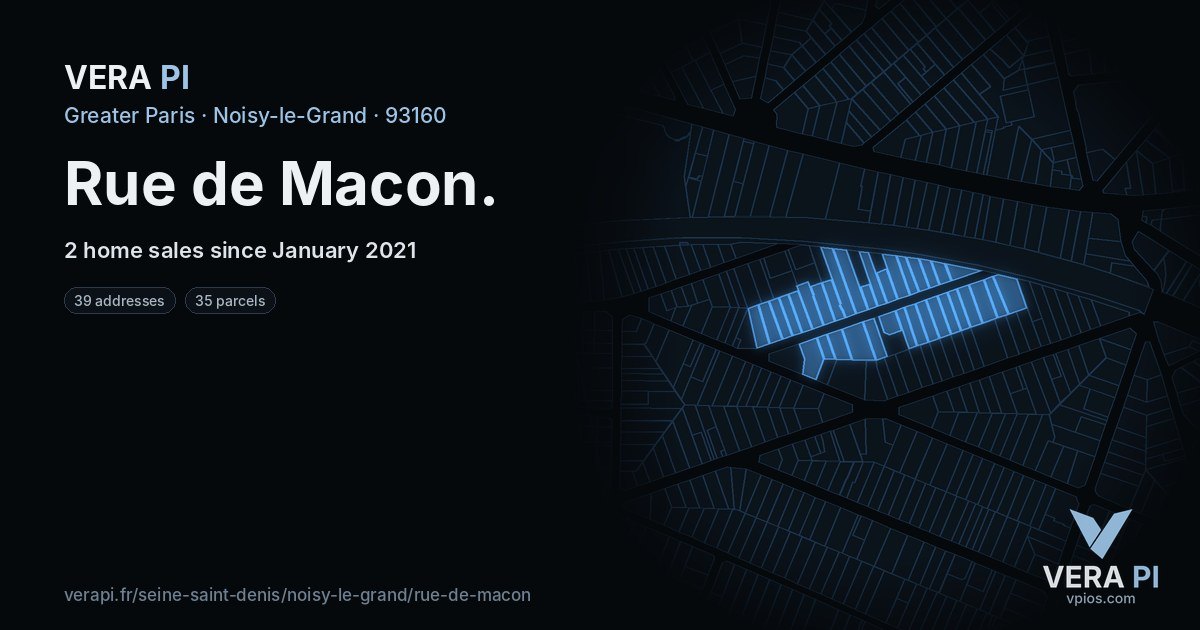 Rue de Macon, Noisy-le-Grand at night – every parcel coloured by the prices around it, the street's own parcels lit