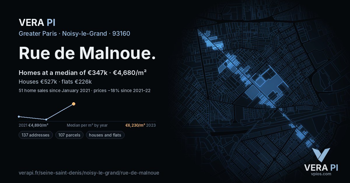 Rue de Malnoue, Noisy-le-Grand at night – every parcel coloured by the prices around it, the street's own parcels lit