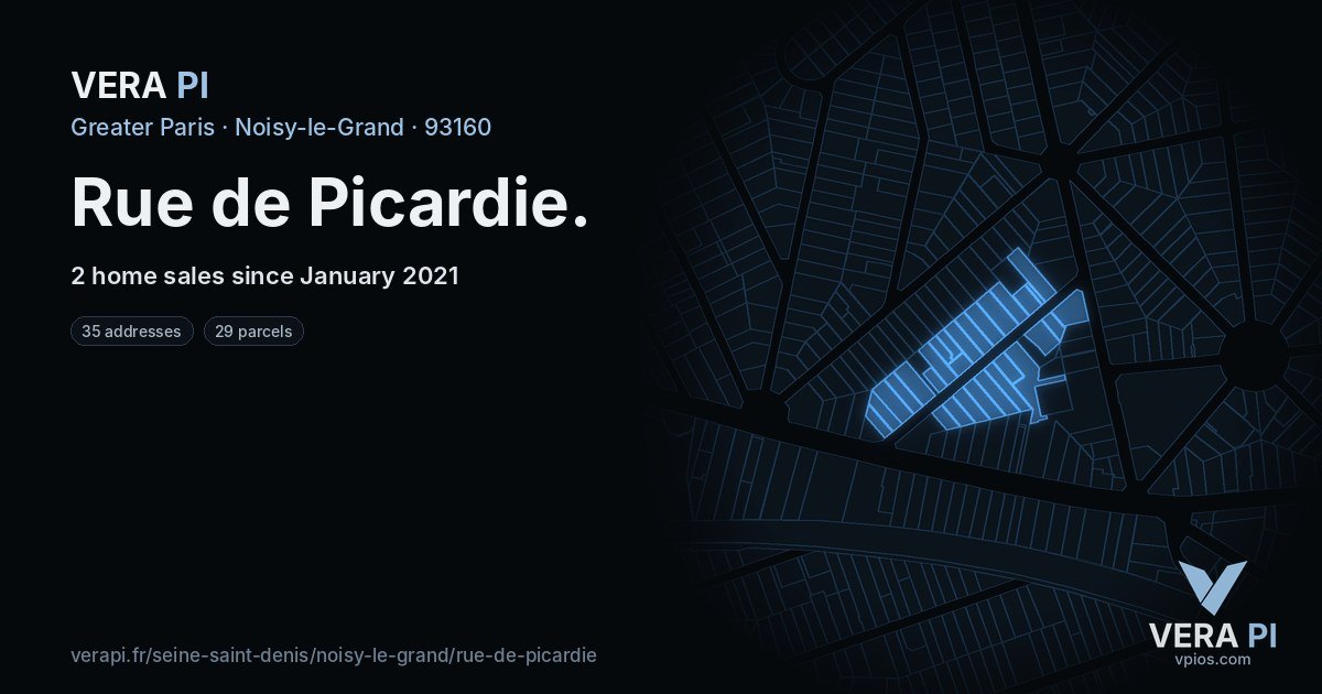 Rue de Picardie, Noisy-le-Grand at night – every parcel coloured by the prices around it, the street's own parcels lit