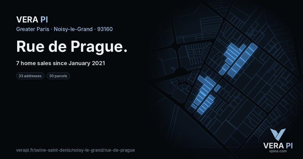 Rue de Prague, Noisy-le-Grand at night – every parcel coloured by the prices around it, the street's own parcels lit
