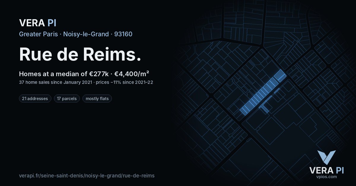 Rue de Reims, Noisy-le-Grand at night – every parcel coloured by the prices around it, the street's own parcels lit