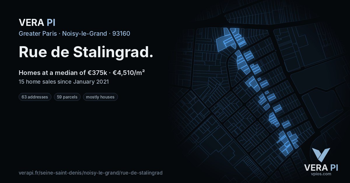 Rue de Stalingrad, Noisy-le-Grand at night – every parcel coloured by the prices around it, the street's own parcels lit