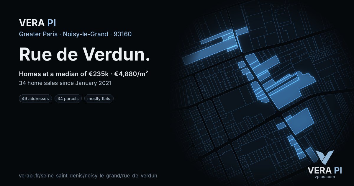 Rue de Verdun, Noisy-le-Grand at night – every parcel coloured by the prices around it, the street's own parcels lit