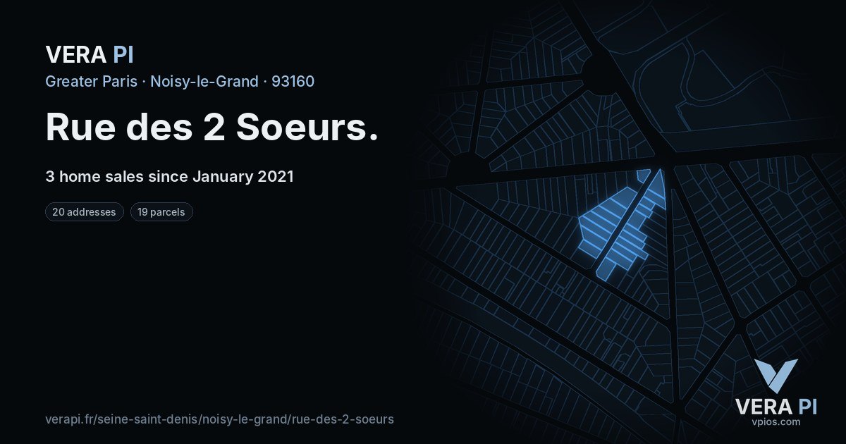 Rue des 2 Soeurs, Noisy-le-Grand at night – every parcel coloured by the prices around it, the street's own parcels lit